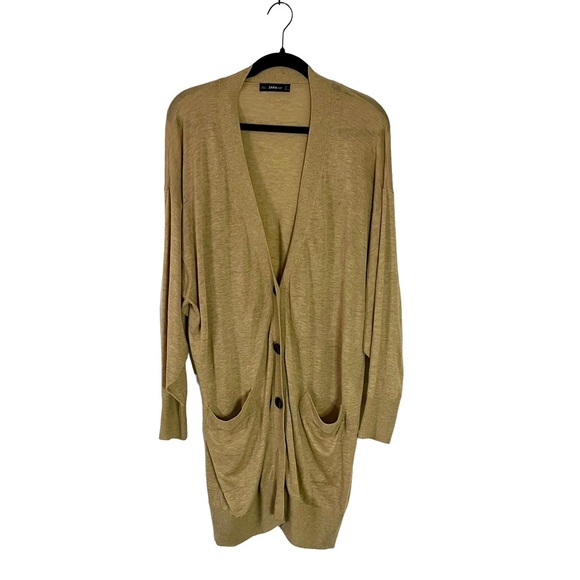 Zara Sweaters - Zara - Knit cardigan in camel/oatmeal color with buttons and front pockets sz. L